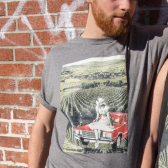 Graphic Tee Grey Original Artist Design Collage Print Scenic Retro Handmade - Picture 2 of 8